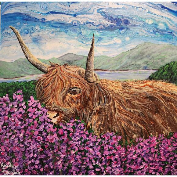 Art Print from my Original Work 12" x 12" "Highland Cow in Heather" Acid Free - Picture 1 of 1